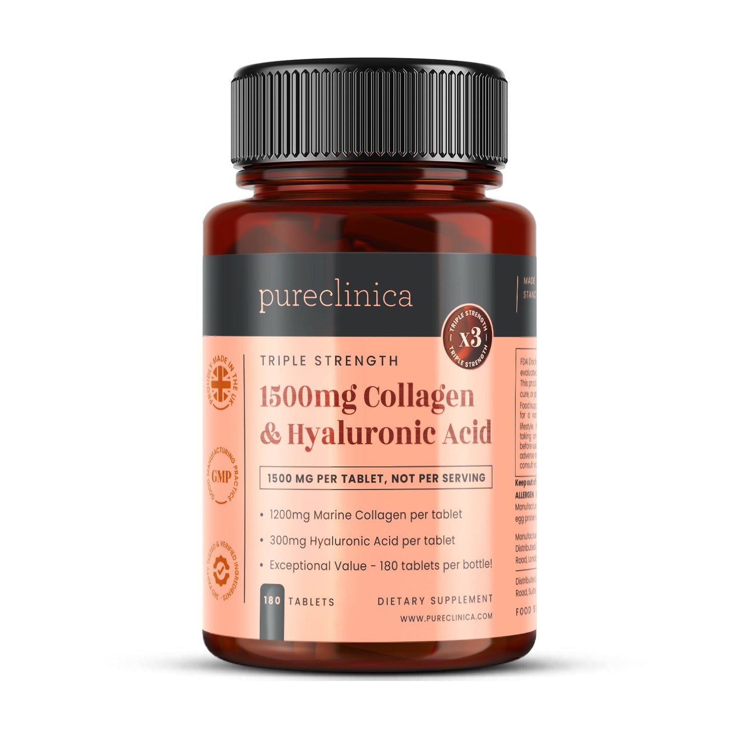 Collagen + Hyaluronic Acid - 1500mg x 180 tablets (1200mg collagen, 300mg HA in one tablet)