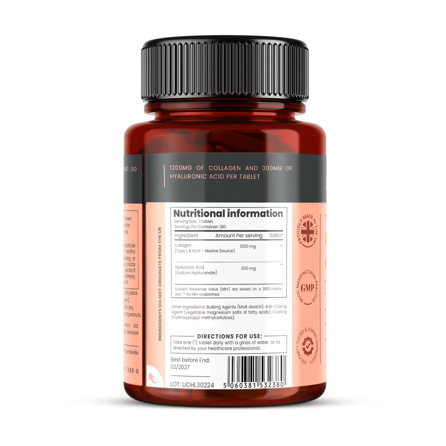 Collagen + Hyaluronic Acid - 1500mg x 180 tablets (1200mg collagen, 300mg HA in one tablet)