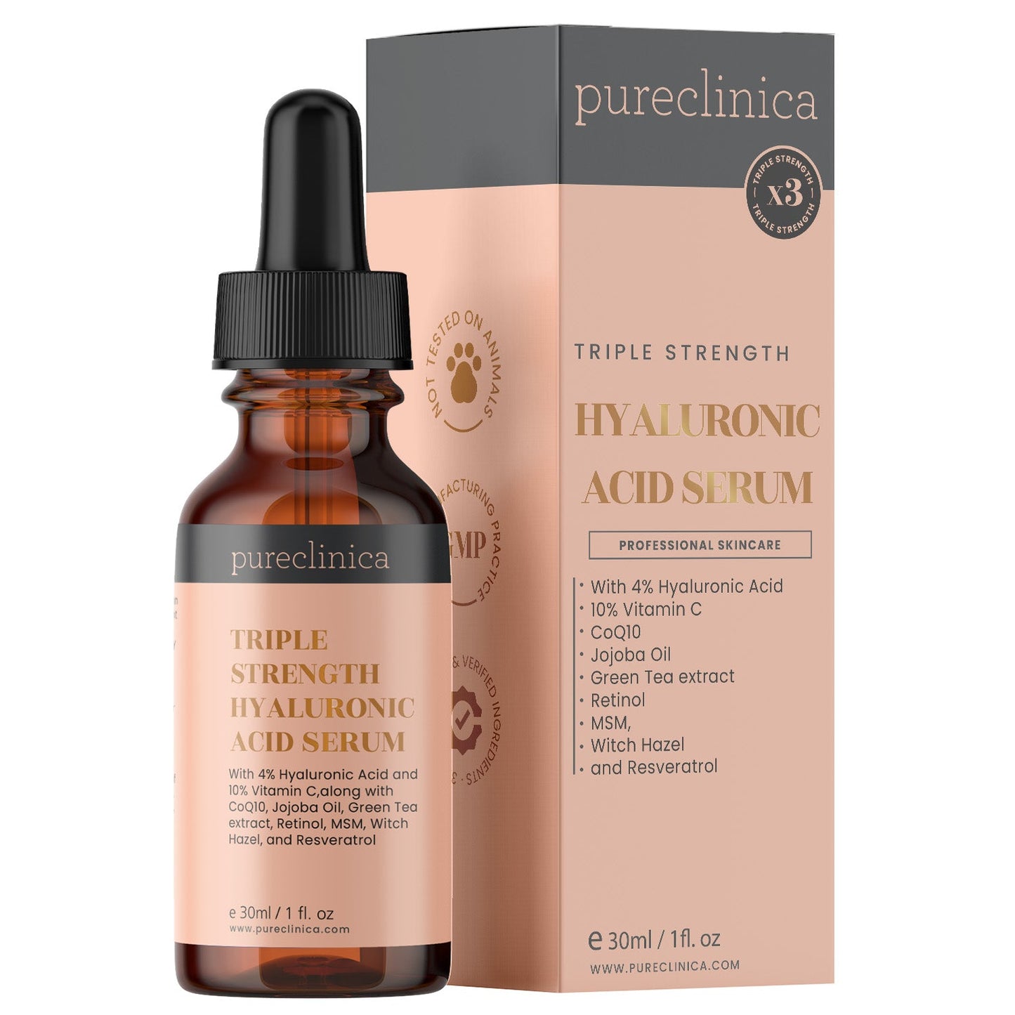Triple Strength Hyaluronic Acid Serum - 6% hyaluronic acid with vitamins C & E, Resveratrol and CoQ10 - 30ml/1 fl oz
