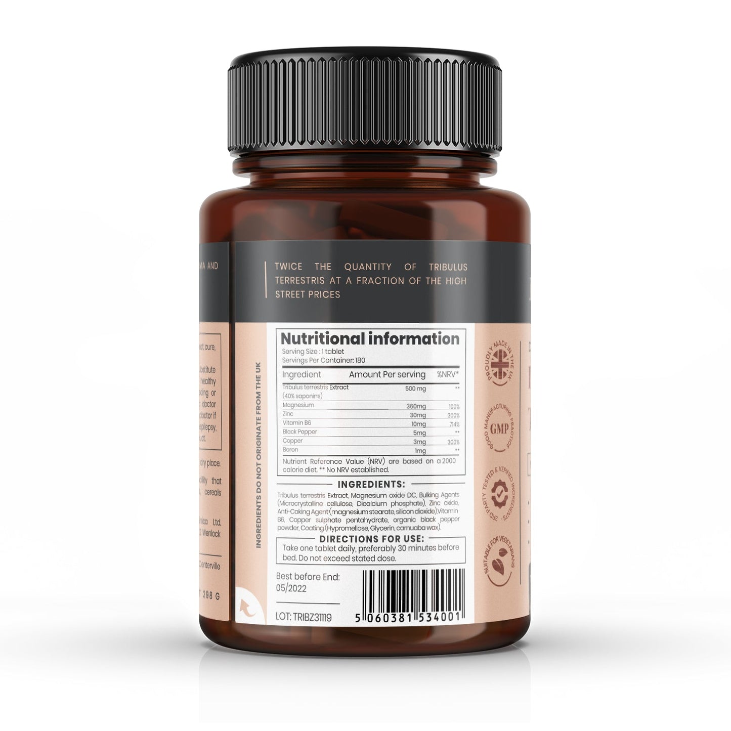 Tribulus and Zinc, Magnesium & B6 - 180 tablets  x 958mg (40% Saponins with Copper, Boron & Black Pepper)