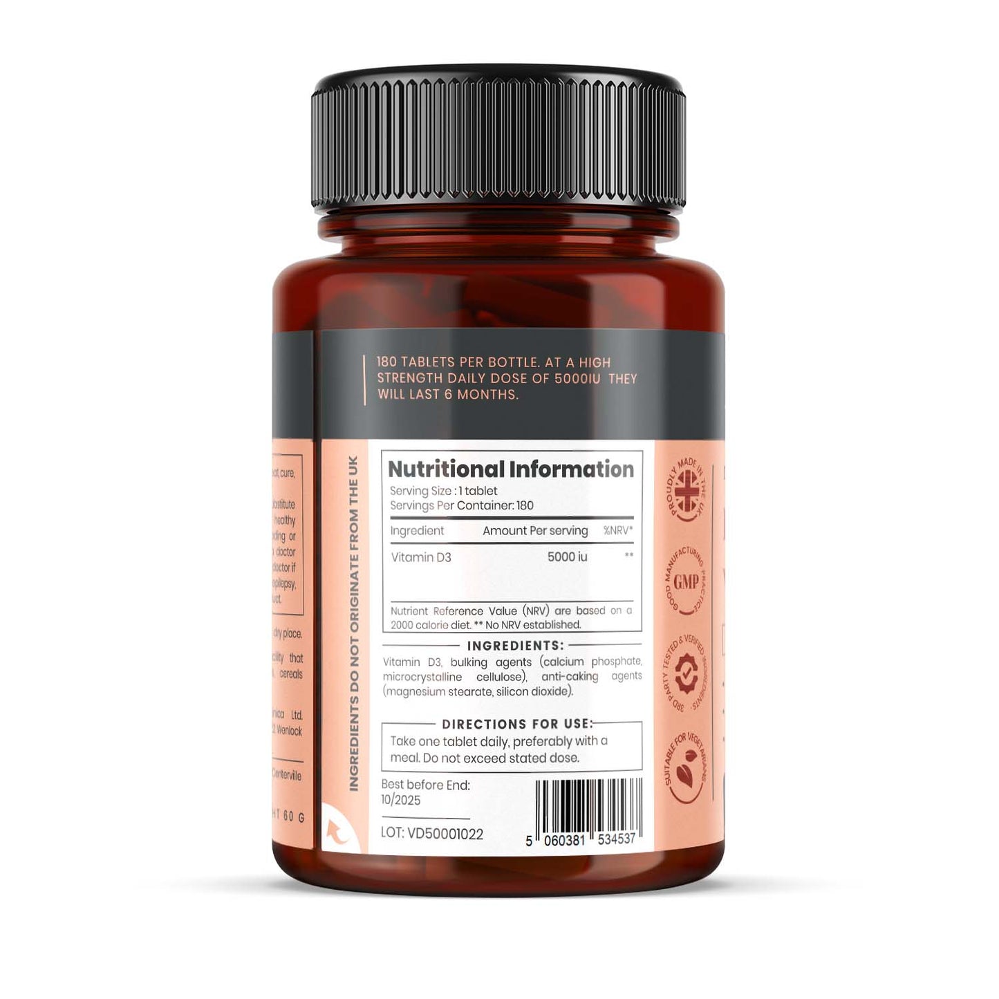 Vitamin D3 5000iu Tablets - 180 per bottle - 6 months supply
